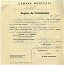 Registo de velocípede com o nº 1895, em nome de Amadeu Neves Pinheiro, morador em Cacém de Cima.
