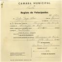 Registo de velocípede com o nº 1475, em nome de Júlio Jorge Alves, morador em Almargem do Bispo.