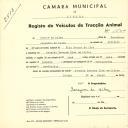 Registo de um veiculo de duas rodas tirado por dois animais de espécie asinina destinado a transporte de mercadorias em nome de Carlos da Silva, morador na Av. Tavares Dias em Sintra.