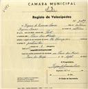 Registo de velocípede de marca Champion, com o nº 2099, em nome de Rogério de Queirós Soares, morador em Praia das Maçãs.