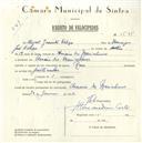 Registo de velocípede de marca Raio, com o nº 5575, em nome de Miguel Jacinto Filipe, morador em Arneiro dos Marinheiros.