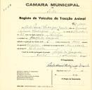 Registo de um veiculo de duas rodas tirado por dois animais de espécie bovina destinado a transporte de mercadorias em nome de Carlos Manuel Rodrigues Zenida, morador no Campo do Marquês.