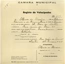 Registo de velocípede com o nº 457, em nome de Alfredo de Oliveira, morador na Rua João de Deus nº 7, Sintra.