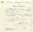 Registo de velocípede de marca Dover, com o nº 9081, em nome de António Fernandes Jorge, morador em Cacém.