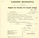 Registo de um veiculo de duas rodas tirado por um animal de espécie asinina destinado a transporte de mercadorias em nome de João Pedro, morador na Várzea de Sintra.