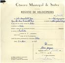 Registo de velocípede com o nº 10076, em nome de João Manuel Neto Rosa, morador em Belas.