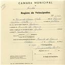 Registo de velocípede de marca Aprilia, com o nº 1719, em nome de Fernando Maria Mota, morador em Quinta do Carmo, Colares.