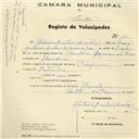 Registo de velocípede de marca Olympique, com o nº 144, em nome de António Quitério Simões, morador em Abrunheira.