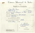 Registo de velocípede de marca Ilo, com o nº 8725, em nome de Luís Pedro Simões, morador em Belas.