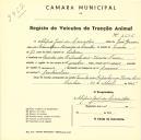 Registo de um veiculo de quatro rodas tirado por dois animais de espécie muar destinado a transporte de mercadorias em nome de Alipio José de Carvalho, morador na Quinta dos Espinheiros, Venda Seca.