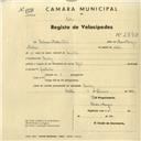 Registo de velocípede com o nº 2790, em nome de António Mateus Pinto, morador em Queluz.