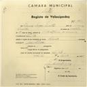 Registo de velocípede de marca Union, com o nº 2765, em nome de Manuel Mogo Matias, morador em Sintra.