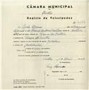 Registo de velocípede de marca Nicolau, com o nº 4564, em nome de Luís Afonso, morador em Várzea de Sintra.