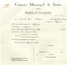 Registo de velocípede de marca Sachs, com o nº 8673, em nome de Manuel Rosa Cassona, morador em Negrais.