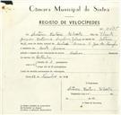 Registo de velocípede de marca Sachs, com o nº 9435, em nome de António Caetano Silvestre, morador em Santa Susana.