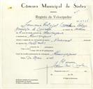 Registo de velocípede de marca Nacional, com o nº 8924, em nome de Januário Carvalho, morador em Almoçageme.