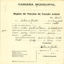 Registo de um veiculo de quatro rodas tirado por dois animais de espécie cavalar destinado a transporte de mercadorias em nome de António de Mantero, morador na Quinta das Palmeiras em Sintra.