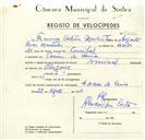 Registo de velocípede de marca Nacional, com o nº 9226, em nome de Francisco António Moutinho, morador em Cacém de Cima.