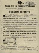 Boletim de óbito de Joana dos Milagres Pedroso, moradora em Sintra, sepultada no coval nº 7696, do cemitério de S. Marçal.