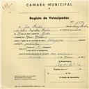 Registo de velocípede de marca Olympique, com o nº 1398, em nome de José Rocha, morador em Mem Martins.