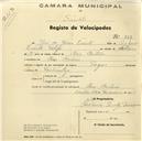 Registo de velocípede de marca Tagus, com o nº 827, em nome de José de Jesus Vicente, morador em Mem Martins.