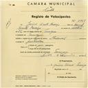 Registo de velocípede de marca Nacional, com o nº 2328, em nome de Jaime Vicente Paraíso, morador em Terrugem.