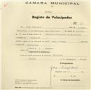 Registo de velocípede de marca Raio e Pombal, com o nº 65, em nome de José Simplicio, morador em Cabecinha.