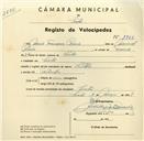 Registo de velocípede de marca Soltex, com o nº 3508, em nome de Mário Fonseca Pereira, morador em Sintra.