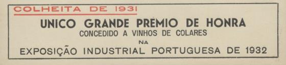 Rótulo do grande prémio de honra concedido aos vinhos de Colares.