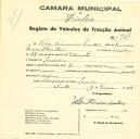 Registo de um veiculo de duas rodas tirado por um animal de espécie muar destinado a transporte de mercadorias em nome de Vítor Francisco Martins, morador em Lameiras.