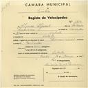 Registo de velocípede de marca Toman, com o nº 1413, em nome de Alfredo Alpanel, morador em Cabrela.