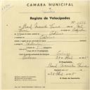 Registo de velocípede com o nº 1656, em nome de Raul Marinho Tomé, morador em Colares.