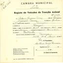 Registo de um veiculo de duas rodas tirado por dois animais de espécie asinina destinado a transporte de mercadorias em nome de António Joaquim Tomás, morador na Terrugem.