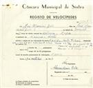 Registo de velocípede de marca Famel, com o nº 9362, em nome de José Maurício Dias, morador em Maceira.