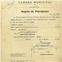 Registo de velocípede de marca Flecha, com o nº 2179, em nome de Carlos Alberto Pereira d'Araújo Sequeira, morador em Sintra.