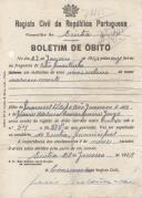 Boletim de óbito de nado morto do sexo masculino, sepultado no coval nº 7415, do cemitério de S. Marçal.