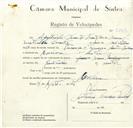 Registo de velocípede de marca Bandeira, com o nº 9152, em nome de Agostinho Duarte Vicente, morador em Morelena.