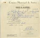 Registo de velocípede de marca VN Mota, com o nº 8749, em nome de Vítor José Névoa, morador em Rua José Antunes dos Santos, Sintra.
