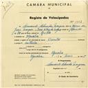 Registo de velocípede de marca Orienta, com o nº 1771, em nome de Armando Almeida Marques, morador em Agualva.