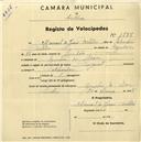 Registo de velocípede de marca Peugeot, com o nº 1585, em nome de Manuel de Jesus Portela, morador em Azenhas do Mar.