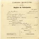 Registo de velocípede com o nº 3048, em nome de José Gomes, morador em Linhó.