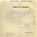 Registo de velocípede de marca LRS, com o nº 343, em nome de Guilherme Sequeira, morador em Belas.