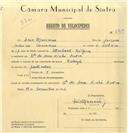 Registo de velocípede de marca Raleigh, com o nº 6719, em nome de Erich.0 Macário, morador em Quinta da Serra, Linhó.