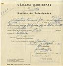 Registo de velocípede de marca Cicles, com o nº 7244, em nome de António Fernando Júnior, morador em Sintra.