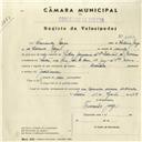 Registo de velocípede com o nº 4363, em nome de Fernando Jorge, morador em Rua João de Deus, nº 33, Sintra.