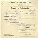 Registo de velocípede de marca Premier, com o nº 3869, em nome de Casimiro Rosa Salvador, morador em Negrais.