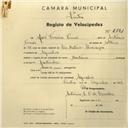 Registo de velocípede com o nº 2781, em nome de José Ferreira Nunes, morador em Agualva.