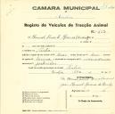 Registo de um veiculo de duas rodas tirado por dois animais de espécie bovina destinado a transporte de mercadorias em nome de Manuel Duarte Resina, morador em Sintra.