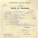 Registo de velocípede de marca Helios, com o nº 3742, em nome de Joaquim da Silva, morador em Montelavar.