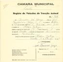 Registo de um veiculo de duas rodas tirado por um animal de espécie cavalar destinado a transporte de mercadorias em nome de Joaquim José Jorge, morador na Aldeia Galega.